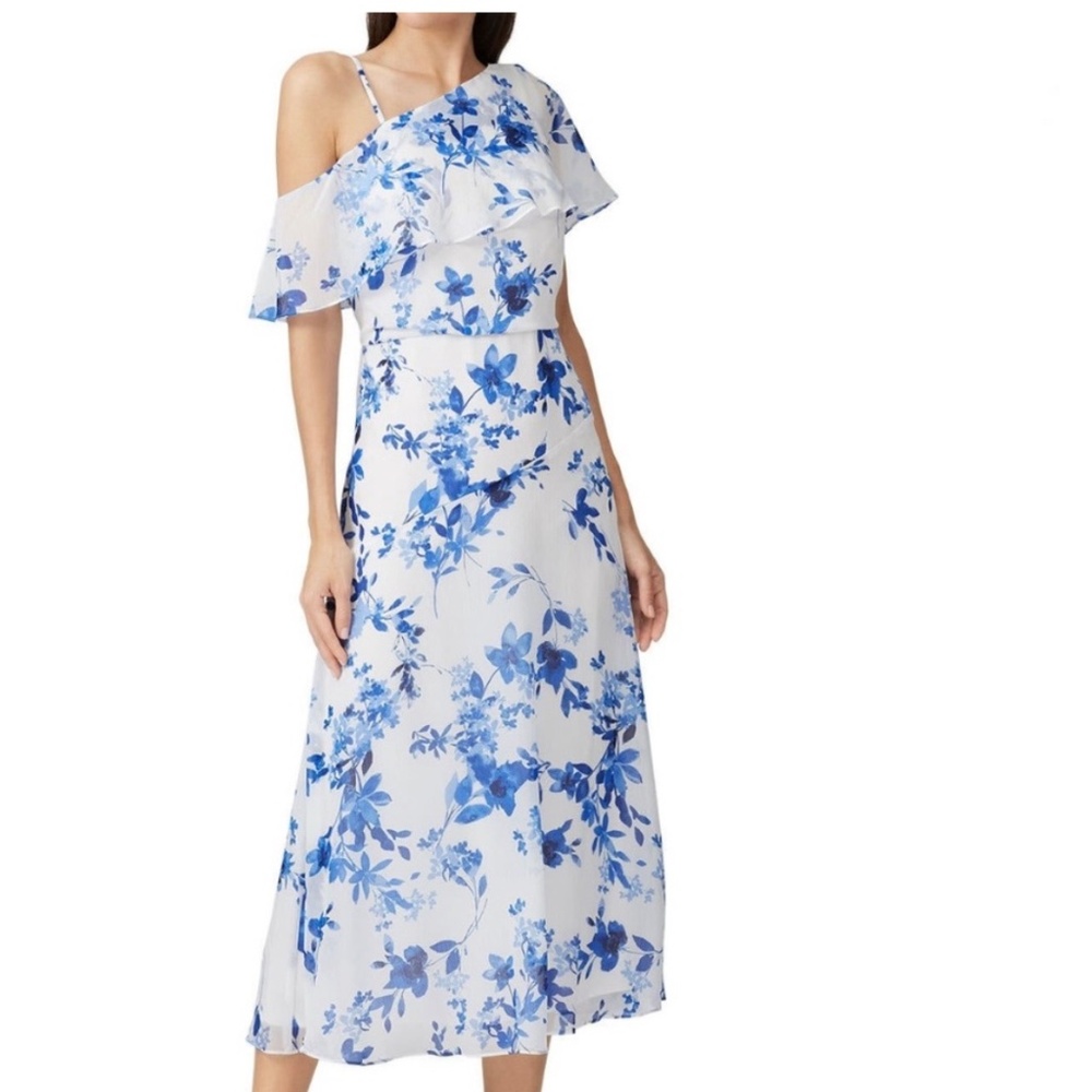 Lauren Ralph Lauren Women’s Blue and White Floral One Shoulder Midi Dress